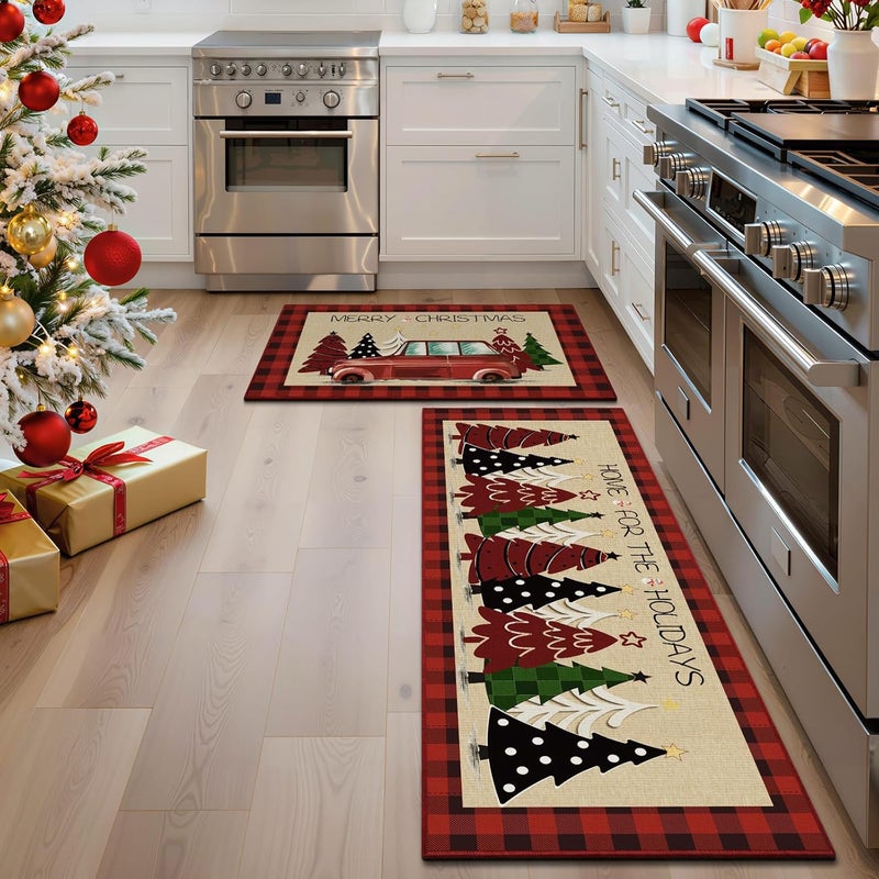 StepRite Kitchen Mats for Floor, 2 PCS Christmas Kitchen Rugs, Non-Slip Bottom with Christmas Tree Print, Low-Profile Mat for Home, Office, Sink, Kitchen,Hallway,Holiday Decor(17”x30”+17”x47”-Red) - Image 2